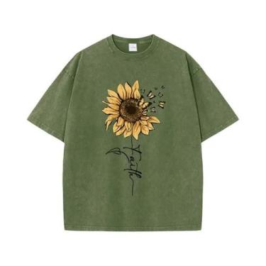 Imagem de Camiseta Oversized Feminina Vintage - Estampa de Girassol e Borboleta 