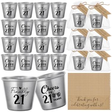 Imagem de Kritkin 24 conjuntos de lembrancinhas de festa de aniversário de 21 anos para convidados finalmente 21 copos de shot de aço inoxidável Cheers to 21 anos copos de shot com etiquetas de agradecimento