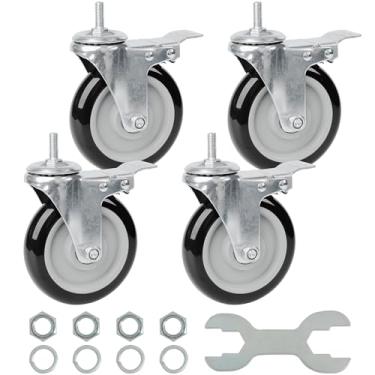 Imagem de Finnhomy Rodas giratórias giratórias de haste rosqueada de 12 cm, conjunto de 4 rodízios resistentes de 9/20.3 cm-40.6 x 2.5 cm com freio de poliuretano com trava industrial rodas para carrinho/móveis