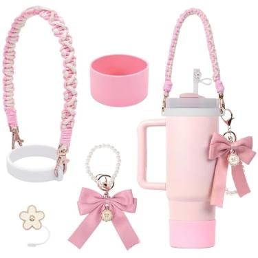 Imagem de Homaisson Acessórios para copos compatíveis com copos Stanley, inclui mangas de silicone, chaveiro pérola, copo isolado com alça, serve para copos Stanley de 850 g 1,134 g, rosa
