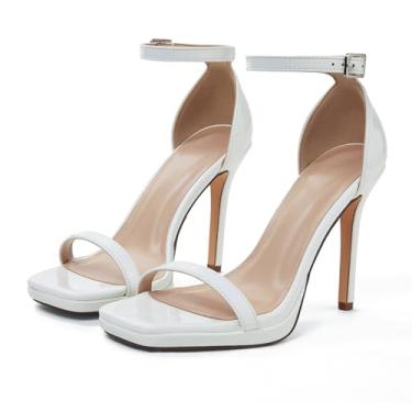 Imagem de Mhuire Sandálias femininas de salto alto com tiras, salto quadrado aberto de 10 cm com tira no tornozelo para casamento, noiva, formatura, trabalho, igreja, elegante, Patente branca, 41