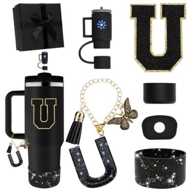 Imagem de Miglaja Acessórios pretos para copos Stanley 850.5 g 1,134.0 g, todos os acessórios caixa de presente contêm topo de palha de flor, bota de silicone, adesivos de letras e pingentes, conjunto de tampa