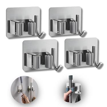 Imagem de Kit com 4 Suportes de Parede Gancho Inox para Vassouras e Rodos – Fixação Sem Furos, Organização Forte e Durável Suporta 5Kg