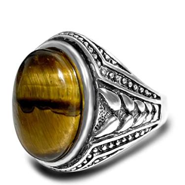 Imagem de DALEGEM Anel de pedra de olho de tigre amarelo genuíno para homens e mulheres, anel turco retrô vintage de cristal de quartzo para ela, Prata, Olho de tigre