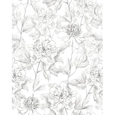 Imagem de JiffDiff Papel de parede floral preto e branco descasque e cole papel de parede 43,9 cm x 2,032 cm Papel de contato de peônia removível esboçado