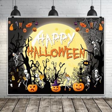 Imagem de Banner de fundo Happy Halloween, 3 x 2,4 m, lua cheia assustadora, noite, dança, esqueleto, castelo assombrado, floresta, tema assustador, fundo para fotos de festa de Halloween