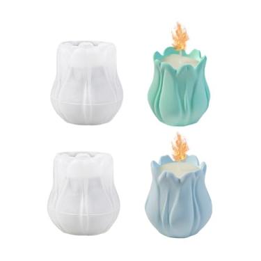 Imagem de 2 moldes de vela de tulipa 3D, molde de cera de vela de bolo de chocolate de flor, molde de silicone 3D para tealight, porta-joias florais tulipa molde de concreto de resina
