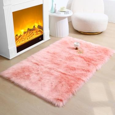 Imagem de CKLZSAY Tapete de pele de carneiro de pele sintética super macio e fofo tapete de área de pelúcia para quarto de criança almofada de sofá para sala de estar tapetes de cabeceira (rosa, retângulo de 3