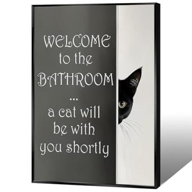 Imagem de BNGFDV Pôster Welcome To The Bathroom, A Cat Will Be With You Shortly Arte de Parede Engraçada de Banheiro Gato Preto Bonito Impressão em Preto e Branco Decoração de Parede para Casa de Banho de