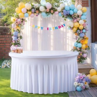 Imagem de Toalha de mesa redonda de casamento de elastano opcional de 4/5/6 pés, elástica e antirrugas, com saia com babados para chá de bebê, festa de casamento, banquete, branca, 4 pés 122 x 78 cm