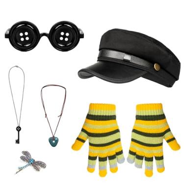 Imagem de FVCENT 5 peças de luvas listradas laranja e verde, colar de pedras verdes e libélula, acessórios de grampo de cabelo, Halloween, cosplay, Verde, amarelo, preto, azul, adult