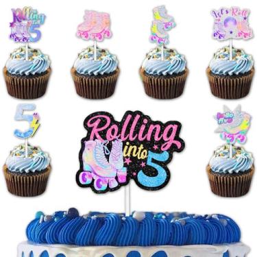 Imagem de 18 patins com glitter, 12 peças, topo de cupcake, 1 peça de topo de bolo, palheta para os anos 80, 90, retrô, hip hop, patinação, rolo em 5 artigos de decoração temática, decorações de festa de feliz