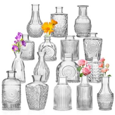 Imagem de RINEENOM Conjunto de 16 vasos de vidro - pequenos vasos de flores transparentes para centros de mesa de casamento, decoração de mesa vintage a granel, casa, festa e arranjos florais