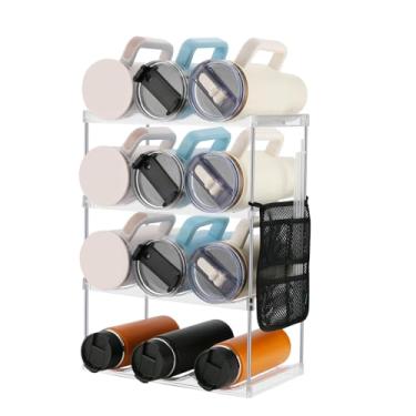 Imagem de Beautyflier Organizador de garrafa de água para copo Stanley de 1,134 g, suporte de armazenamento de copo de 4 camadas com bolsa de malha, suporte empilhável para garrafa de água, organizador de copos