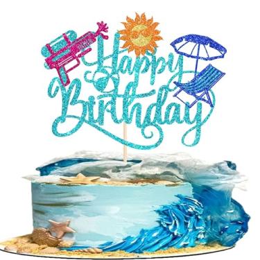 Imagem de 1 pacote de topo de bolo de verão praia feliz aniversário pistola de água tropical havaiana palheta de bolo guarda-chuva de piscina feriado decoração de cupcake para chá de bebê de verão suprimentos