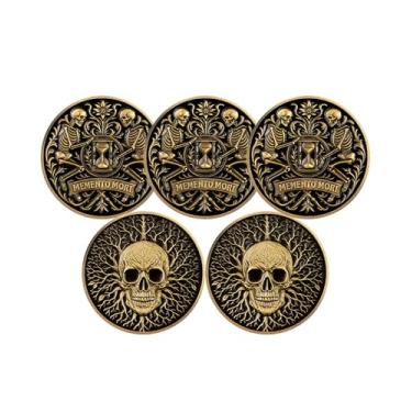 Imagem de RYUKENLM 5 peças Moeda Desafio Memento Mori – Esqueletos duplos com ampulheta - símbolo de mortalidade e tempo