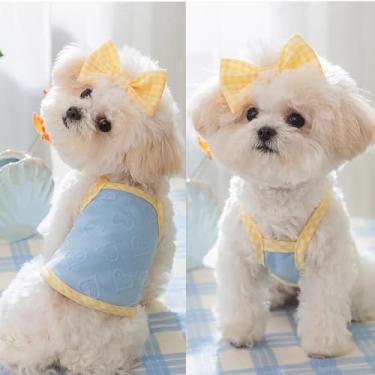 Imagem de Camiseta regata para roupas de cachorro, estampa de coração com colete de laço, suspensórios de verão com laço, camisa de corte de pano para filhotes (azul, grande)