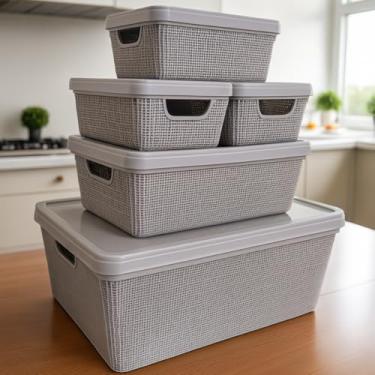 Imagem de Caixa Organizadora com Tampa Kit 5 Peças Cestos Plásticos 1,8 L, 5 L, 15 L Resistente Multiuso (Cinza)