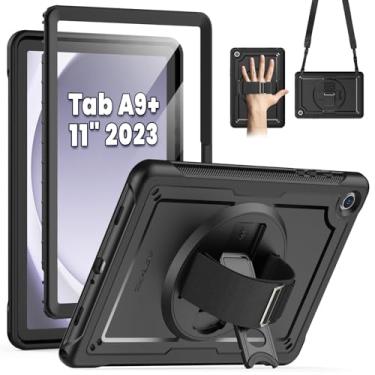 Imagem de SEYMAC Capa para Samsung Galaxy Tab A9+ Plus 11 polegadas 2023 (SM-X210/X216/X218), capa protetora à prova de choque com protetor de tela, suporte giratório e alça de mão/ombro, preta