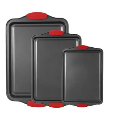 Imagem de Conjunto de assadeiras de 3 peças – Assadeiras antiaderentes com alças de silicone, assadeiras de aço carbono para forno, conjunto de bandejas empilháveis – Utensílios de cozinha doméstica