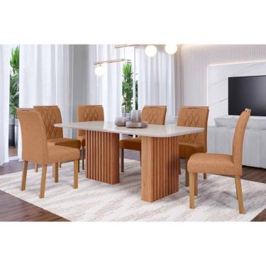 Imagem de Conjunto: Mesa Sala Jantar Ester Tampo Madeirado c/ Vidro 180x90cm e 6 Cadeiras Juliana Cinamomo/Off White - Carvalho/Suede Nude Bege - Cimol