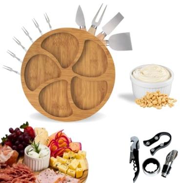 Imagem de Kit Petisqueira Redonda Madeira + 4 Facas Queijo + 4 Peças Vinho Com Molheira Ramekin e Garfinhos p/Petisco