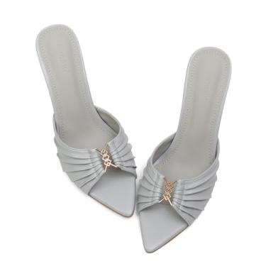 Imagem de iiimmu Sandálias de salto alto stiletto mules de 8,5 cm com bico fino e salto alto de couro sintético, Cinza claro, 37