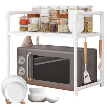 Imagem de Suporte Rack Microondas Cozinha Prateleira Gancho Organziador Louças Talher Tempero Balcao Escorredor Armario Compacto