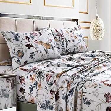 Imagem de Tribeca Living Jogo de cama King, cetim de algodão macio de 300 fios, estampa floral com bolsos extraprofundos, conjunto de cama de 4 peças, vermelho escuro amalfi/multi
