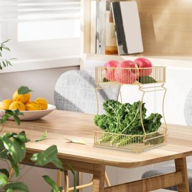 Imagem de Cesta de frutas de 2 camadas para cozinha, cesta de pão de vegetais, suporte de armazenamento de frutas destacável para balcão de cozinha (dourado)