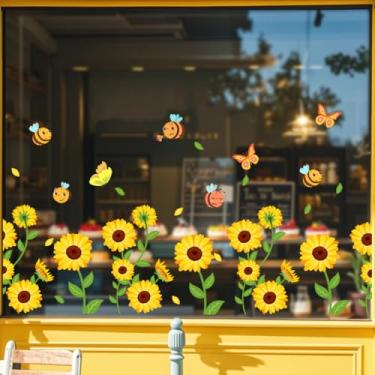 Imagem de Adesivos de janela de abelha adesivos de janela floral primavera verão decoração dupla face flores aquarela vidro decoração para casa escritório porta de vidro, abelha girassol, 20 x 30 cm