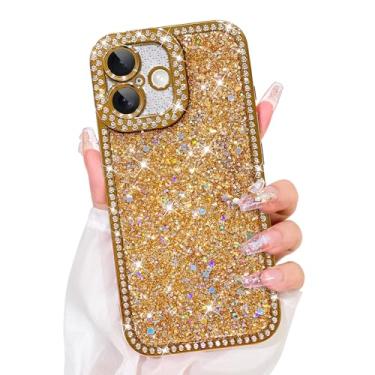 Imagem de Bonoma Capa com glitter para iPhone 17, luxuosa, brilhante, strass, brilhante, diamantes, galvanizada, para mulheres e meninas, capa protetora macia à prova de choque para iPhone 17, dourada
