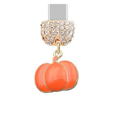 Imagem de ELISE & FONDA TP899 Tipo-C porta de carregamento cristal antipoeira pequeno pingente de celular abóbora Halloween para iPhone 15/16/Samsung/OnePlus/Xiaomi/oppo telefones Android (laranja)