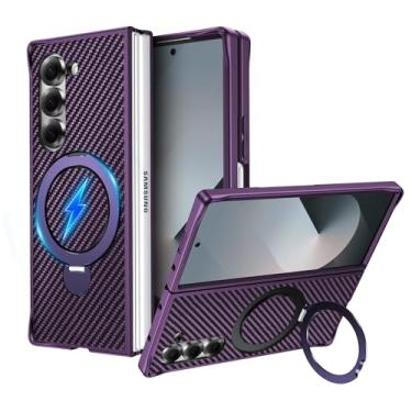 Imagem de CMYFUTNG Capa magnética para Samsung Galaxy Z Fold 6 com suporte de anel, textura de fibra de carbono, proteção de grau militar, leve, proteção contra quedas de ajuste fino, capa robusta à prova de