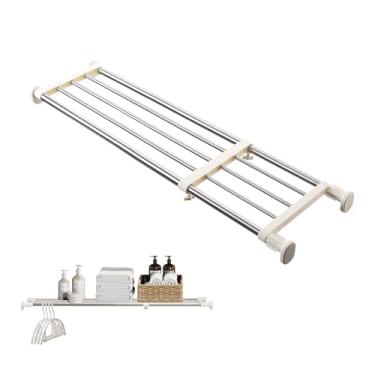 Imagem de BAOYOUNI Prateleira de tensão ajustável para armário com divisores de roupas para guarda-roupas marfim, 84-117 cm