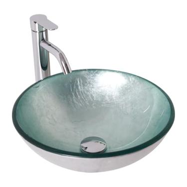 Imagem de Lofeyo Pia de banheiro pequena pia de vaso de vidro prata 40,6 cm com torneira e dreno combo moderno forma redonda bacia artística pia de vaso de banheiro pia de vaso acima do balcão pequena pia de