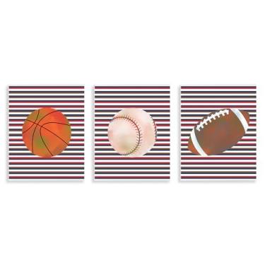 Imagem de Stupell Industries Conjunto de arte de placa de parede com listras e bolas esportivas, design de Marcus Prime, 35,5 x 28,5 cm