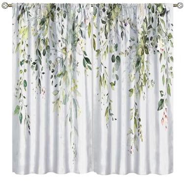 Imagem de SYZWWSYX Cortinas florais de folhas rústicas para cozinha, decoração de janela com estampa botânica floral de madeira de eucalipto aquarela para quarto, sala de estar, sala de jantar, 106 x 113 cm