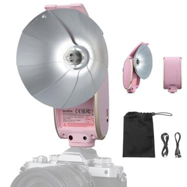 Imagem de Godox Kit de flash de câmera retrô Lux Senior com difusor, GN14 1700mAh 6000K ± 200K CCT, modos automático e manual 1/1-1/64 Flash Power (rosa rosa)