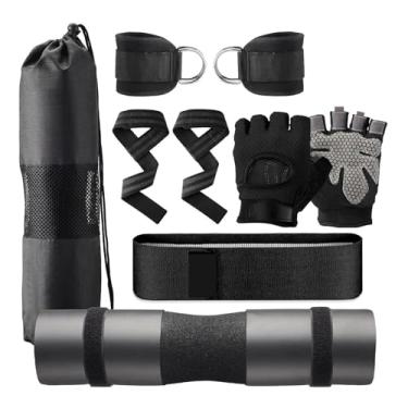 Imagem de Dynwave Conjunto de almofadas de barra para agachamento, almofada de pescoço e ombro portátil com 2 alças, ajuste padrão para barra com alças de tornozelo, Preto