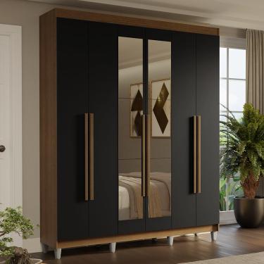 Imagem de Guarda-Roupa Casal com Pés 6 Portas Batentes com Espelho Rustic/Preto/Rustic Saturno Madesa