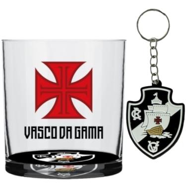 Imagem de Kit Copo Vidro Rocks Personalizado Time Libertadores Bebida Whisky Caipirinha 305ML + Chaveiro Emborrachado (Preto Vasco Da Gama FC, Vasco Da Gama Futebol Clube)