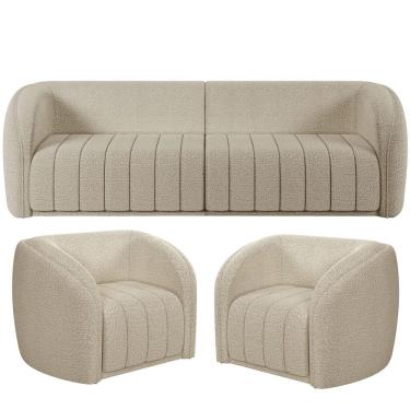 Imagem de Kit Sofá 4 Lugares Para Sala 292cm com 02 Poltronas Lazio M03 Bouclê Bege - Lyam Decor