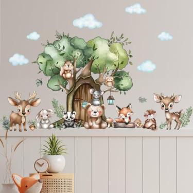 Imagem de Decalques de parede de animais de safári da selva, desenhos animados em aquarela, animais da floresta, elefante, girafa, macaco, urso, raposa, coelho, adesivos de parede removíveis para quarto de bebê