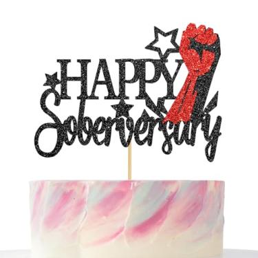 Imagem de Topo de bolo Happy Soberversary, suprimentos de festa de aniversário de sobriedade com glitter preto, narcóticos anônimos, alcoólicos anônimos, decoração de recuperação de sobriedade