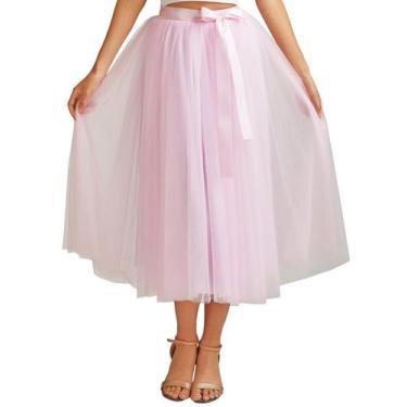 Imagem de Saia Aiberlisha A Line, comprimento de chá, tule rosa para festa