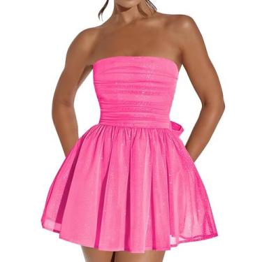 Imagem de Vestido de boas-vindas Blawhee Glitter Tule rosa quente sem alças