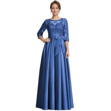 Imagem de Vestido formal azul oceano plus size A Line de renda acetinada com man