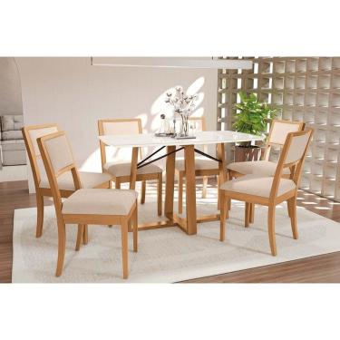 Imagem de Conjunto Sala de Jantar Elma Premium Madeira Maciça c/ Tampo Madeirado c/ Vidro 170x90cm e 6 Cadeiras Alice Carvalho/Off White - Linho Bege Argila-Kap