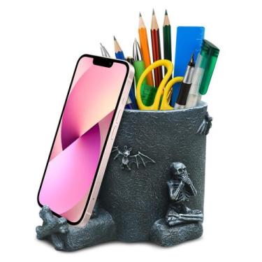 Imagem de Porta-canetas Idefair Gothic Skull com suporte para telefone 9x10 cm